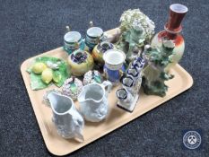 A tray of continental china, candle holders, five-way vase, pair of pots, Noritake vases,