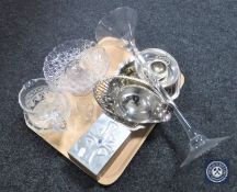 A tray of 20th century plated wares, glass comport,