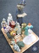 A tray of continental figures, Royal Doulton jug, Goebel Demure Elegance figure,