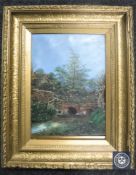 19th century school, two figures on a bridge,