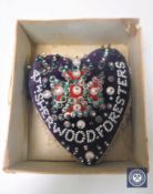 A WWI beaded heart shaped cushion,
