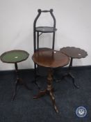 A Victorian mahogany three-tier folding cake stand and three wine tables