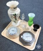 A tray of two Art Deco barometers, Victorian hand-painted glass vase,
