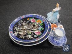 Two oriental style wall plates, pair of Spode blue and white cups,