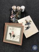 A Chinese black lacquered serving tray, three lidded pots, miniature vases,