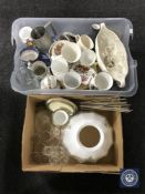 Two boxes of china and glass ware - hand painted oil lamps, shade,