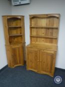 A pine double door kitchen dresser and a pine corner cabinet