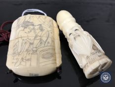 A Japanese erotic bone four-section inro with penwork decoration,