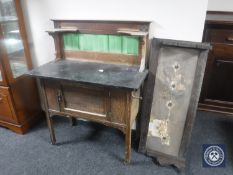 A Victorian oak marble topped and tiled back wash stand with one further tiled back