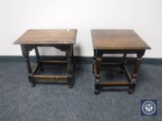 An oak stool together with an oak lamp table