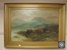 T Wood (19th century) : Highland cattle watering by a loch, oil on canvas, 75 cm x 50 cm, signed,