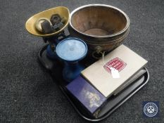 A tray of vintage scales and weights, cased cutlery,
