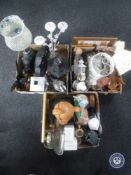 Three boxes of ornaments, vases, wooden galleon,