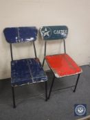 A pair of oil drum cafe chairs