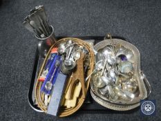 A large quantity of plated and stainless steel flat ware, swing handled basket,