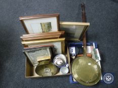 A box and a crate of Bridge and card sets, pictures, J H Cowan watercolour,