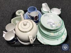 A tray of George VI silver jubilee teapot, Portmeirion coffee cups and saucers,