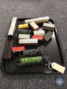 Two model railway locomotives and thirteen miscellaneous carriages/rolling stock.