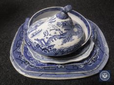 Six antique blue and white meat plates and turkey dishes and a willow pattern tureen