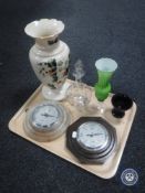 A tray of two Art Deco barometers, Victorian hand-painted glass vase,