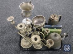 A tray containing plated mid 20th century Newcastle District Motor Club trophy on stand,