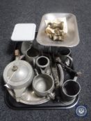 A tray of 20th century kitchen scales and set of brass graduated weights,