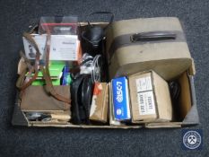Box of projector, reels, home phones,