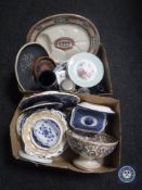 Two boxes of part hand painted dessert set, wall plates, blue and white china,