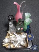 A tray of box of assorted table cutlery, glass ware, etched decanter depicting a leaping stag,