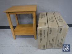 Four oak finished side tables (three boxed)