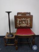 An oak dining chair together with a rush seated stool,