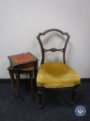 A Victorian mahogany dining chair together with a pair of mahogany leather-topped lamp tables