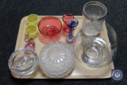 A Caithness etched glass vase, together with eleven other pieces of clear and coloured glass.