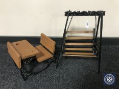 A miniature doll's metal and wood school desk together with a swing seat