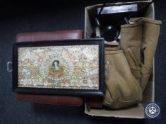 A leather topped footstool on chrome supports and a box of two continental angle poised lamps,