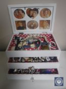 A fitted jewellery box containing a quantity of costume jewellery, trinkets, etc.