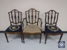 Three tapestry seated Hepplewhite style dining chairs