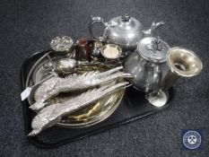 A tray of plated wares including two pheasants, teapot, gallery tray,