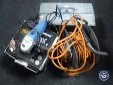 A metal concertina tool box containing hand tools, spanners, Draper angle grinder,