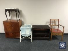 A painted commode armchair, dressing table stool,