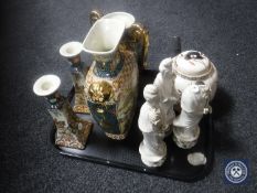 A tray of oriental wares including bamboo style teapot,