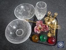 Two glass bowls, tray of glass vase, three glass paperweights, Bohemian glass bowl,