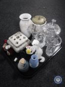 A tray of assorted glass ware, Russian Lomonosov figure of a weasel, Jasperware vase,