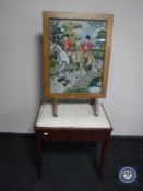 A mahogany storage piano stool containing sheet music together with a tapestry fire screen