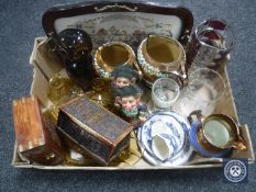 A box containing assorted glass ware, wooden trinket box, copper lustre jug,