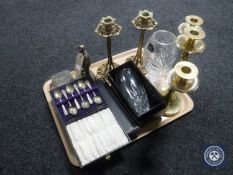 A tray of boxed Royal Doulton crystal vase, Royal Doulton crystal hurricane lamp,