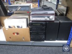 A box of LP records and 45's - easy listening etc, a Panasonic hi/fi and speakers,