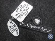 Three cast metal signs - dogs welcome etc