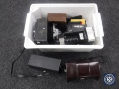 A box of MPP 5 x 4 field camera with lens, binoculars, brown box camera,