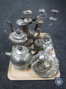 A tray of 20th century plated wares including teapots and coffee pots, table candelabra,